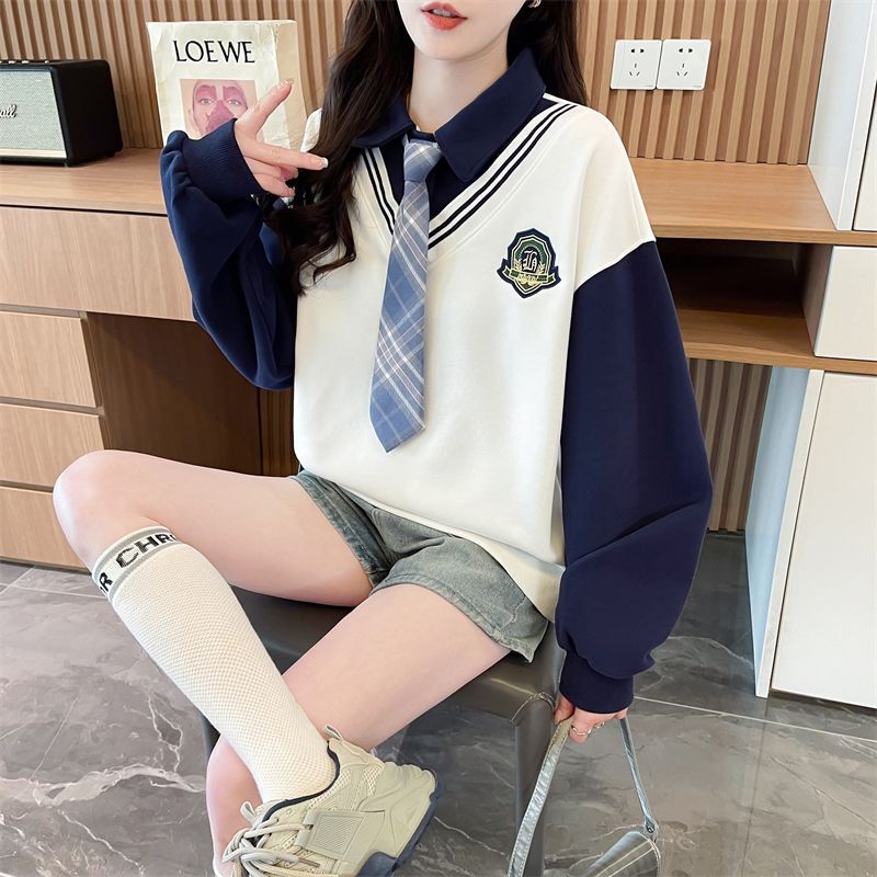 Fake Two-piece Lapel Sweater Women's Spring and Autumn Thin High-end Sense Plaid Tie Stitching Polo Shirt Academic Style Top