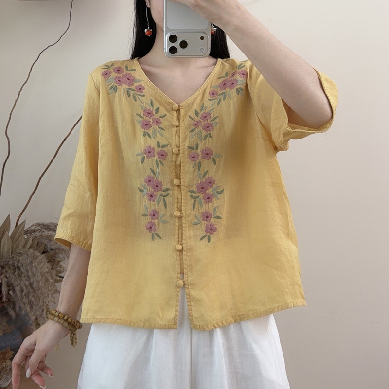 Ramie Women's 2026 Summer New Round-Neck Cardigan Embroidered Lace Top Breathable and Cool Short-Sleeved Loose Shirt Ramie Women's 2026 Summer New Round-Neck Cardigan Embroidered Lace Top Breathable and Cool Short-Sleeved Loose Shirt