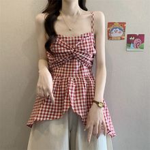 甜美衬衫女新款泰式格子吊带上衣不规则下摆设计感无袖上衣