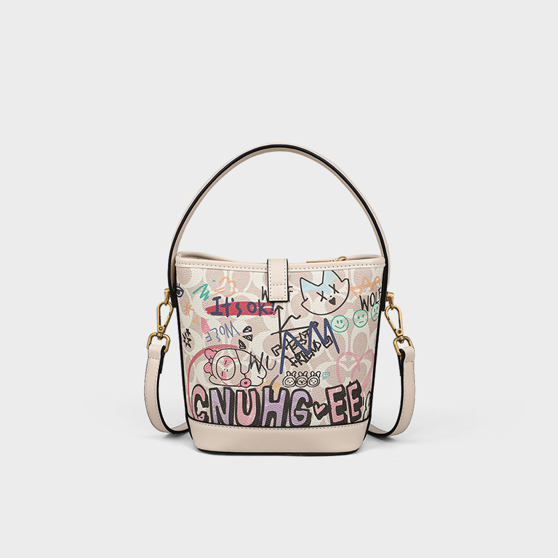 Túi bucket nữ đeo chéo họa tiết graffiti thiết kế độc đáo — kem trắng (viney)