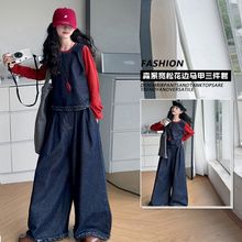 女童牛仔三件套C903红色撞色背心牛仔马甲套装全套不褪色牛仔面