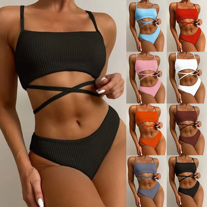 Rishang Swimwear 2022 Amazon European and American Foreign Trade Wave Pattern High Waist Solid Color Two-Piece Swimsuit for Women European and American Style