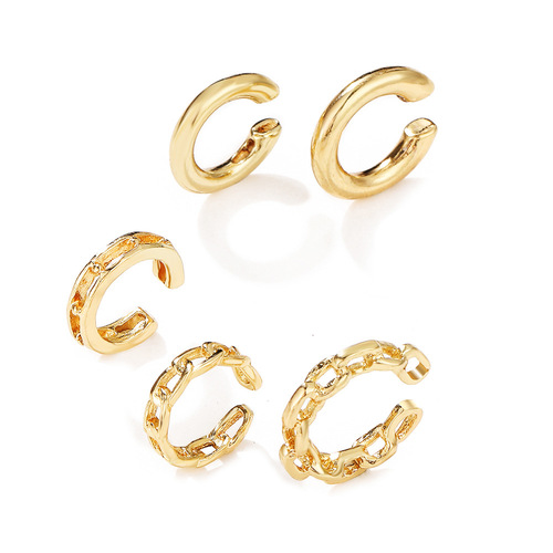 Creative minimalist earless stud earring set with five pieces, personalized golden chain hollow multi-layer C-shaped earrings for women