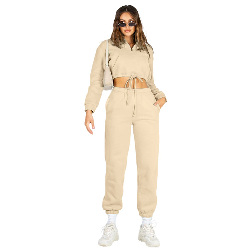 Women's Clothing 2024 autumn and winter solid color stand up collar zipper drawstring navel baring plus velvet sweatshirt casual sweatpants suit_voghion.com