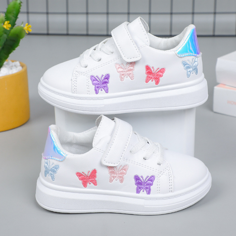 New 2025 spring and autumn collection: embroidered butterfly design white sneakers for girls, with Velcro straps and soft soles, perfect for casual and sporty wear