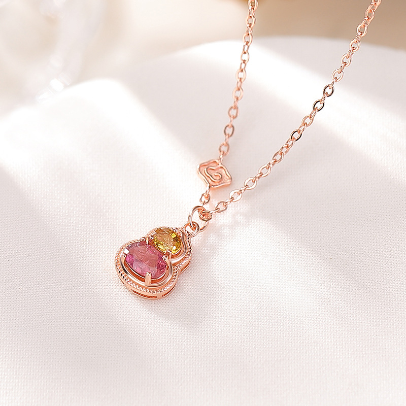 Dây chuyền bạc S925 mạ vàng hồng mặt đá tourmaline hình hồ lô phong cách tân trung hoa — Dây chuyền (màu tourmaline ngẫu nhiên)