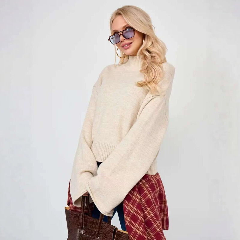 Amazon cross-border women's turtleneck sweater, 2026 autumn and winter new style, loose-fitting, short, bell-sleeved, plus-size knitwear