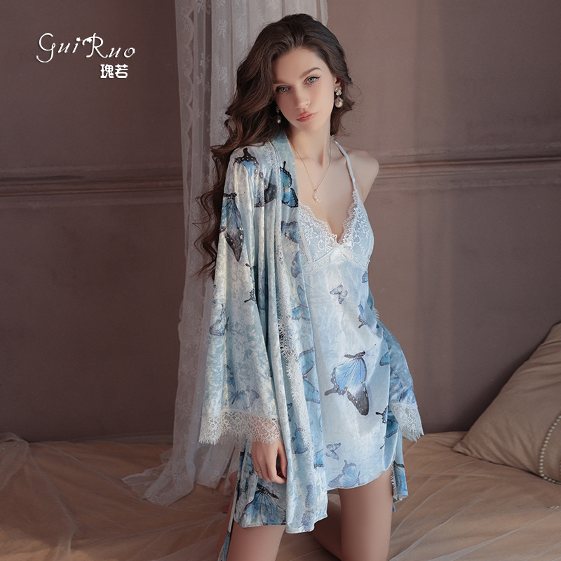 Guiruo 브랜드 플러스 사이즈 파자마 Perspective Lace Push-up with Chest Pad Velvet Women's Night가운 홈 세트 4998