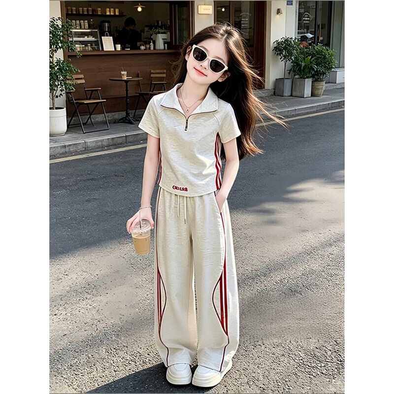 [Mamba Cotton] Girls' Sports Suit Summer 2026 New Stylish Short-Sleeve Loose Wide-Leg Pants Two-Piece Set