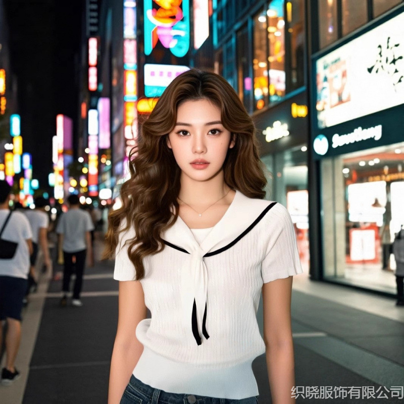 2025 Sweet Summer New Korean Girl Navy Collar Short-Sleeved Knitwear Preppy Style Age-Reducing T-Shirt Top Trendy