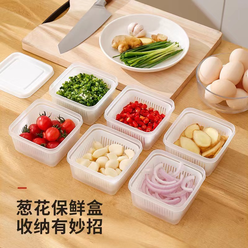 玉ねぎ、生姜、ニンニク、果物の保存容器 PP素材 食品グレード 蓋付き 二層水切りバスケット 調理準備用 密閉容器 密封保存|undefined