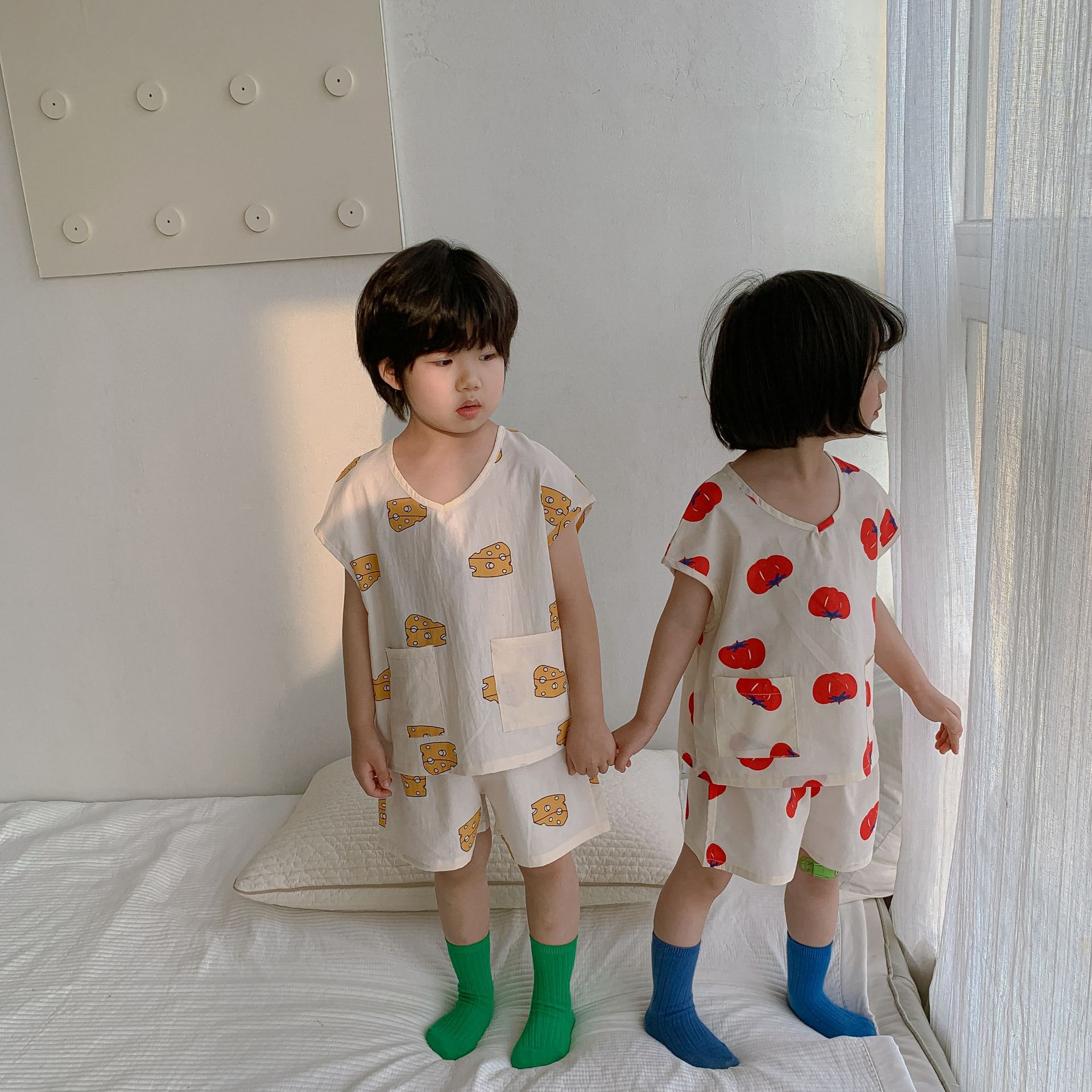 韩国童装儿童夏季新款印花纯棉套装男女宝宝无袖短裤两件套居家服