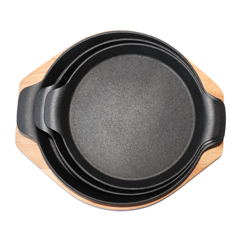 Plancha redonda de hierro fundido para asar, con asas, gruesa, para barbacoa, teppanyaki o filetes, venta directa de fábrica al por mayor