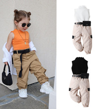 外贸欧美夏季女童套装2023纯色背心工装束脚长裤+皮带包包多件套