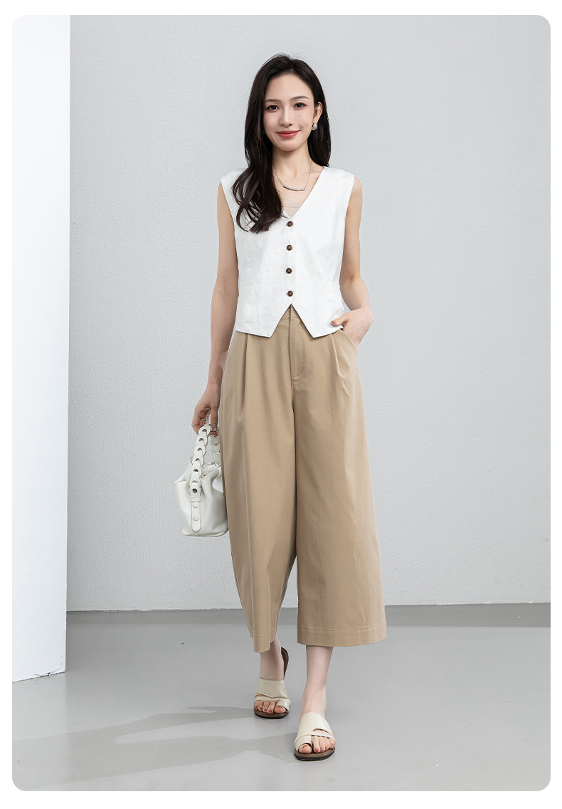 Quần culottes nữ ống rộng cạp điều chỉnh xếp ly mùa hè — màu xanh navy chi tiết 28