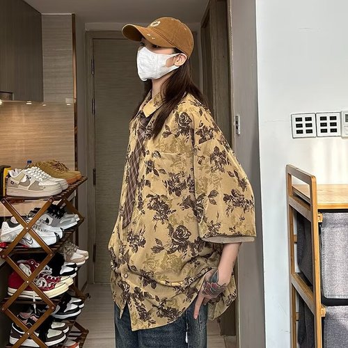 Men's Summer Band Collar Floral Short-Sleeve Shirt, Loose Fit, 300 Pounds Plus Size, Hip-Hop Stylish, Hawaii Beach Top