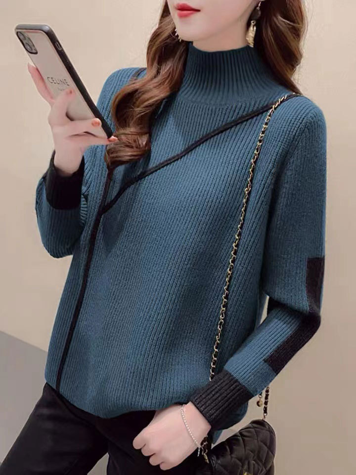 半高领内搭毛衣女 设计感撞色保暖针织衫厚日系百搭宽松打底上衣