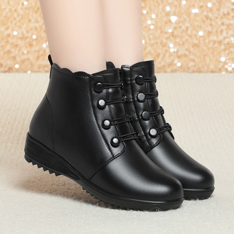 Леди осень зима новый сплошной цвет повседневные мягкие кожаные сапоги Martin женские круглые головы толстые каблуки шерстяные молнии на стороне пожилой женщины хлопчатобумажные сапоги