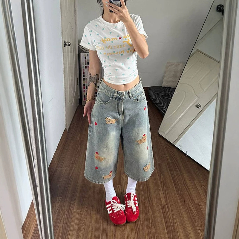 American-style light-colored dog embroidery cropped jeans for women, 2026 summer new large-size mid-length wide-leg loose shorts American-style light-colored dog embroidery cropped jeans for women, 2026 summer new large-size mid-length wide-leg loose shorts