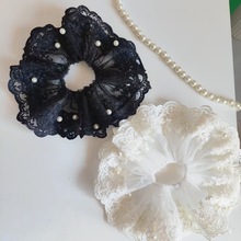 新款甜美珍珠蕾丝大肠发圈刺绣网纱扎马尾头绳女时尚百搭发绳头饰