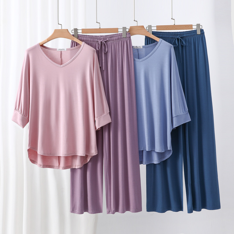 Spring and summer new bit cotton V-neck bat seven-sleeve T-shirt color matching lace waist wide leg pants plus size casual suit