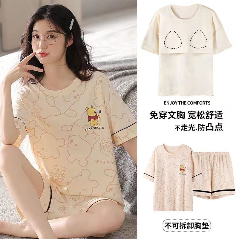 2025 New Cotton Short-Sleeved Shorts 100% Cotton Pajamas with Breast Pads Home Wear Set for Women Sweet and Cute 2025 New Cotton Short-Sleeved Shorts 100% Cotton Pajamas with Breast Pads Home Wear Set for Women Sweet and Cute
