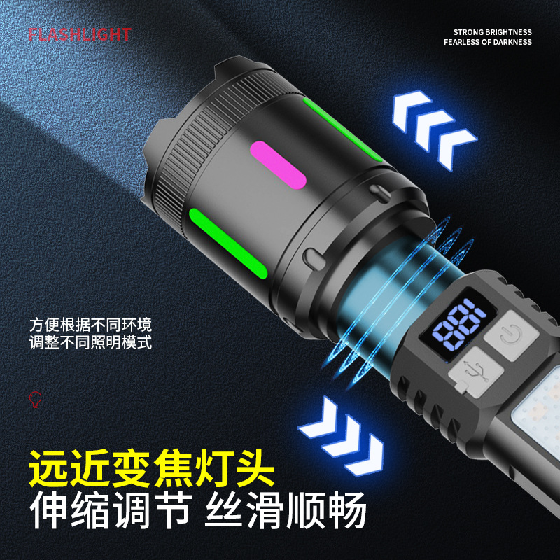 Nuevo tipo transfronterizo de linterna multifuncional láser blanco mecha de luz de resaltado con luz lateral luz de emergencia de larga duración