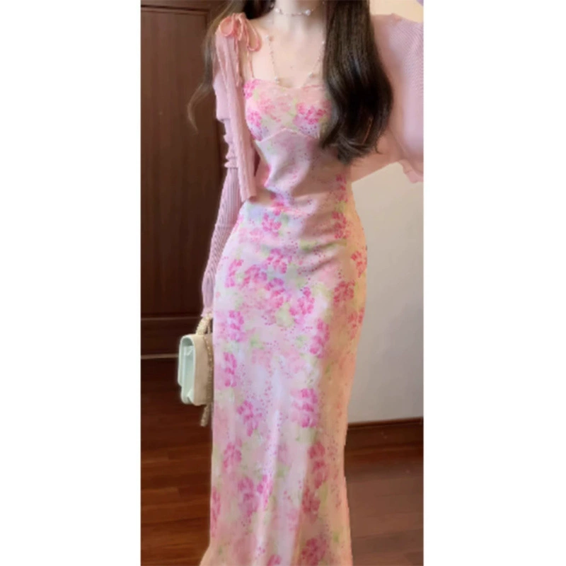 Французское розовое платье на подтяжках с цветочным принтом для женщин с защитой от солнца, нежная юбка для похудения талии, облегающая бедра, комплект из двух предметов