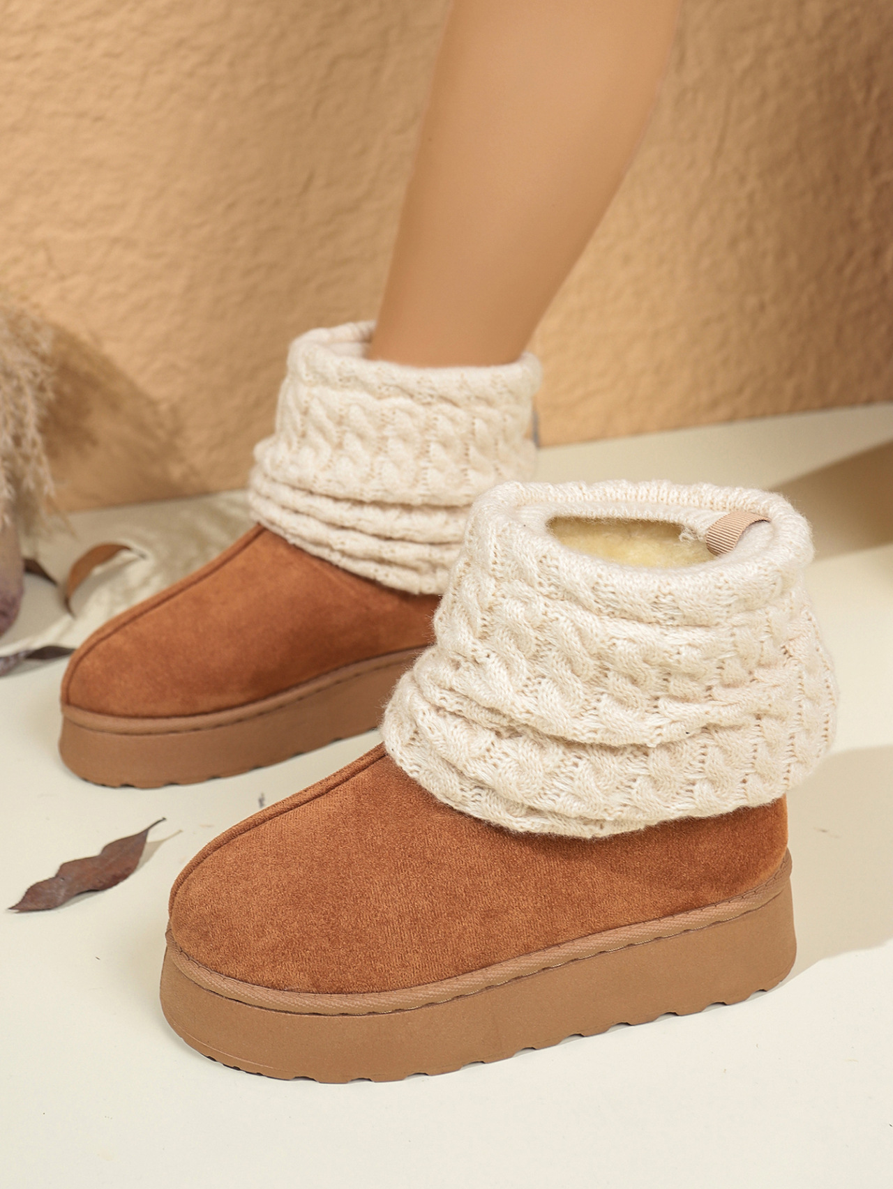 Women's Winter Thick Soled Knitted Snow Boots Fleece Lined Warm Slip On Plus Size Cotton Shoes_vogvips.com