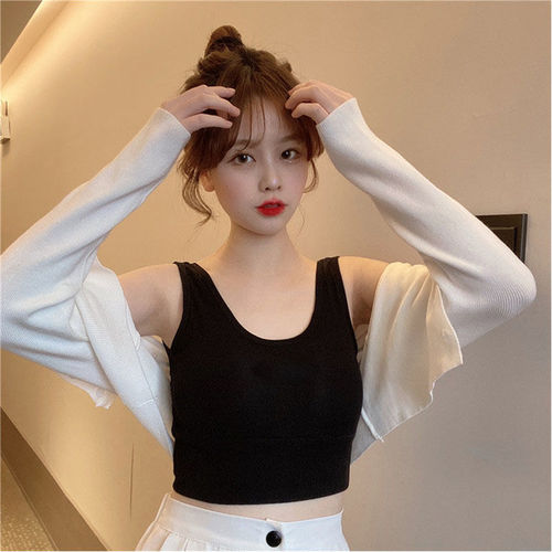 One-piece hairdressing camisole with breast pads for women, Korean style versatile short bottoming sleeveless pure lust style hot girl top for women