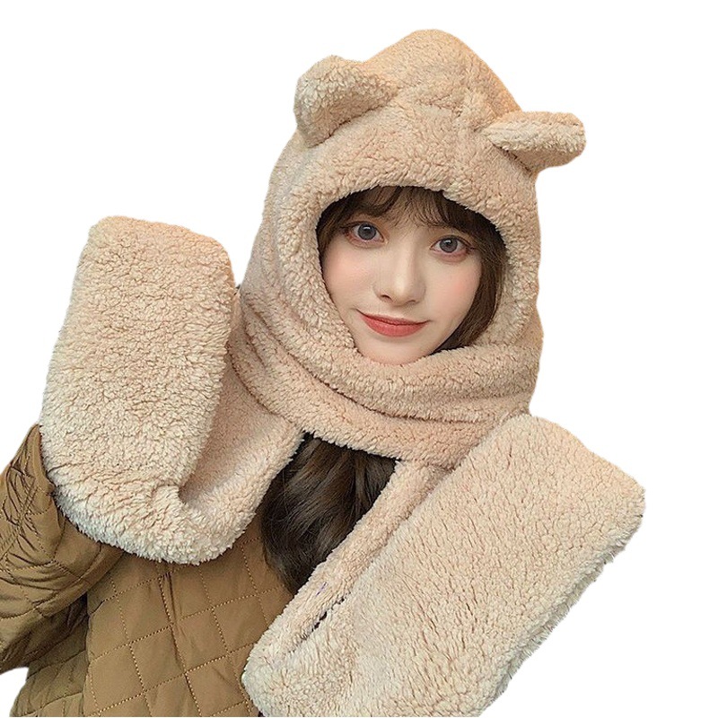 Lindo oso sombrero bufanda máscara conjunto de tres piezas invierno ciclismo cálido a prueba de viento guantes de protección auditiva sombrero de felpa