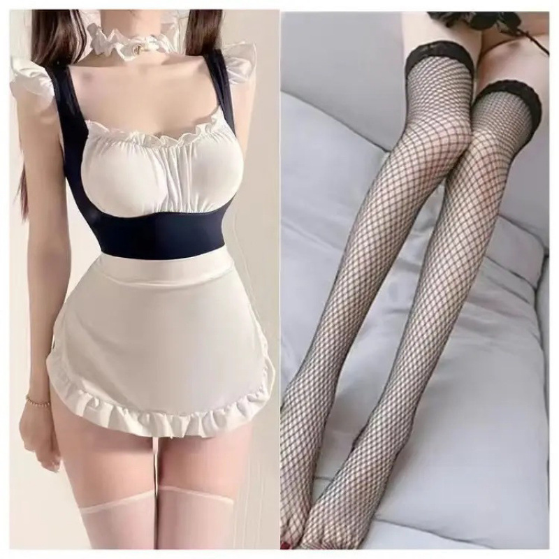 섹시한 메이드 점프수트 + 블랙 망사 스타킹