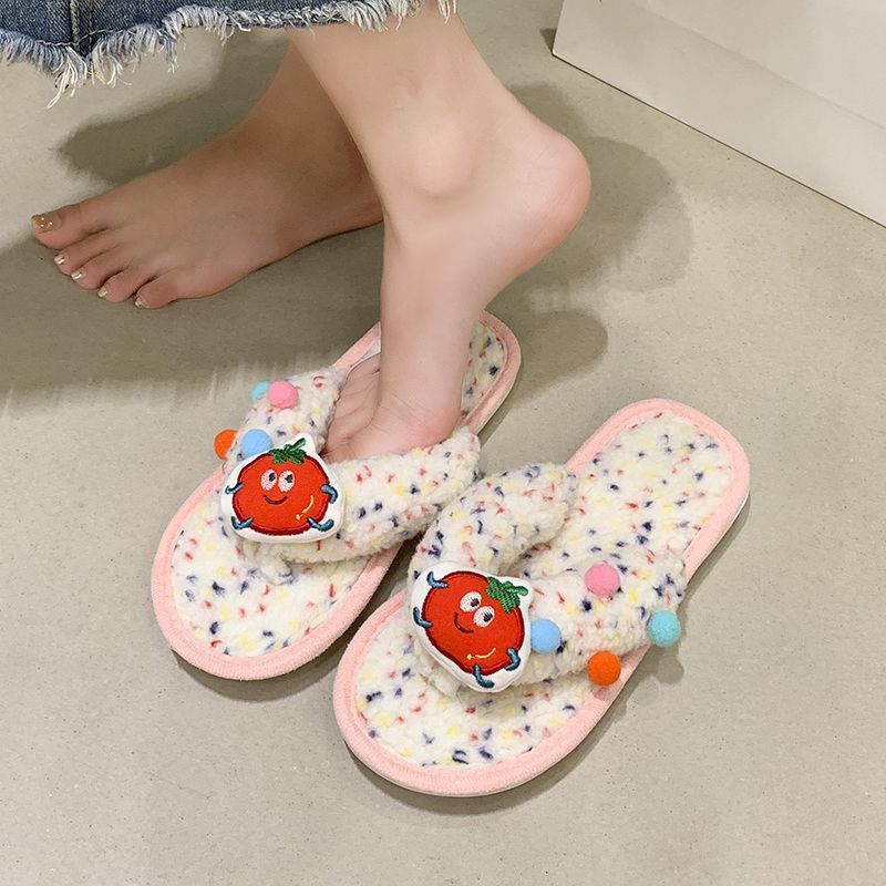 2025新款秋冬网红卡通可爱毛毛拖鞋拼色平底公主风居家人字棉拖鞋