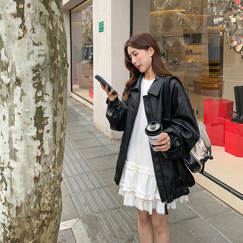 实拍黑色复古皮衣外套女春季新款小个子时尚炸街又酷又飒PU皮夹克|undefined