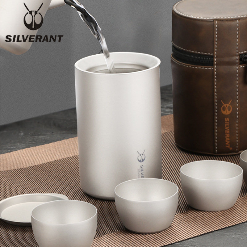 银蚁 纯钛 双层泡茶器350ml圆嘴磨砂超轻泡茶壶 户外休闲旅行茶具