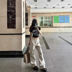 YGEE トレンドパンツ クリーンフィット アメリカン マルチポケット オフホワイト オーバーオール 男女兼用 万能 マイクロフレア ルーズ カジュアルパンツ