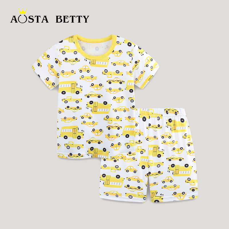 25 verano nuevo niño de mangas cortas ropa doméstica dos piezas de estilo europeo y americano impresión de automóviles de cuello redondo conjunto de niños