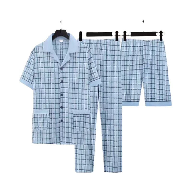 Pijamas de hombre de manga corta pantalones de algodón de tres piezas juveniles de verano para aumentar el conjunto delgado de ropa de hogar de hombre