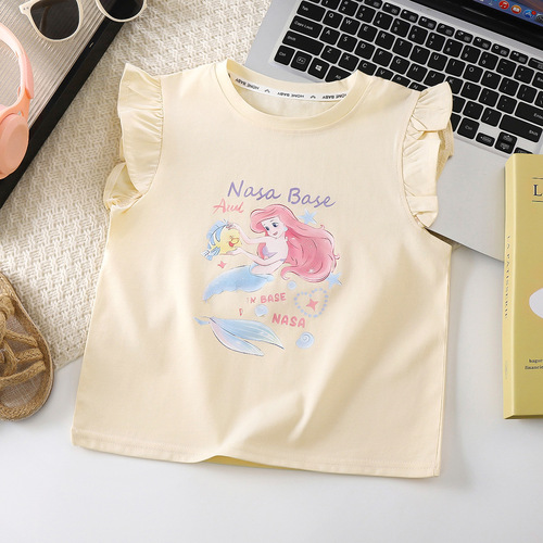 Summer New Pure Cotton Girls' Wing Sleeve T-Shirt Soft Breathable Sweat-absorbent Versatile Cute Fashion T-shirt