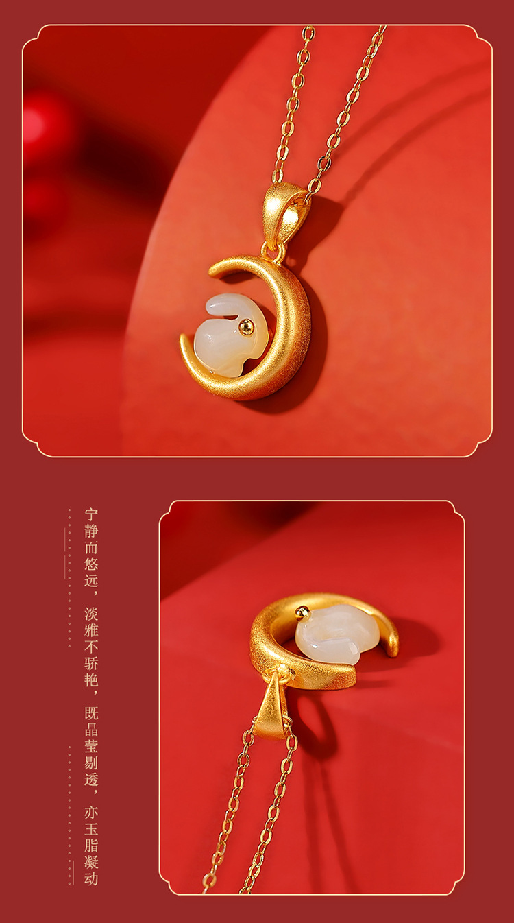 Mặt dây chuyền thỏ ngọc bích mặt trăng mạ vàng bạc S925 hình nai — Kiểu mạ vàng (Mặt dây chuyền đơn) chi tiết 6