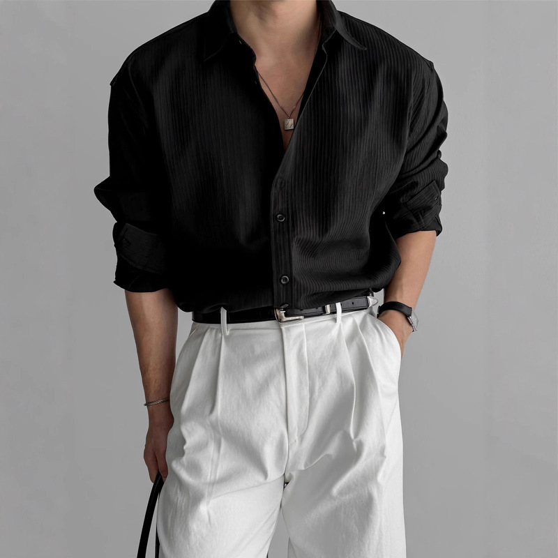 Black Long-Sleeved Shirt, Business Shirt, Men's High-End Vertical Striped Texture, Light and Mature Style Shirt, Versatile, No-Iron Casual Black Long-Sleeved Shirt, Business Shirt, Men's High-End Vertical Striped Texture, Light and Mature Style Shirt, Versatile, No-Iron Casual