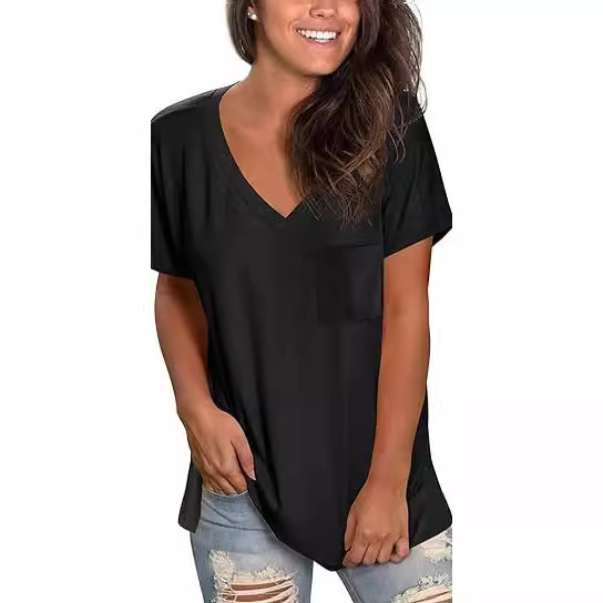 2025 Women's T-Shirt Short-Sleeved V Neck Loose Basic Top with Flap Pocket Pants Summer New Cross-Border Export Women's Clothing