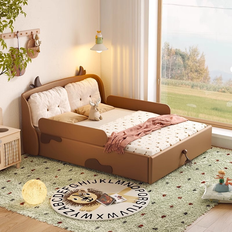 Cow Island Storage High Box New Model Boys' and Girls' Princess Bed with Guardrails, Air Pressure Children's Bed with Guardrails