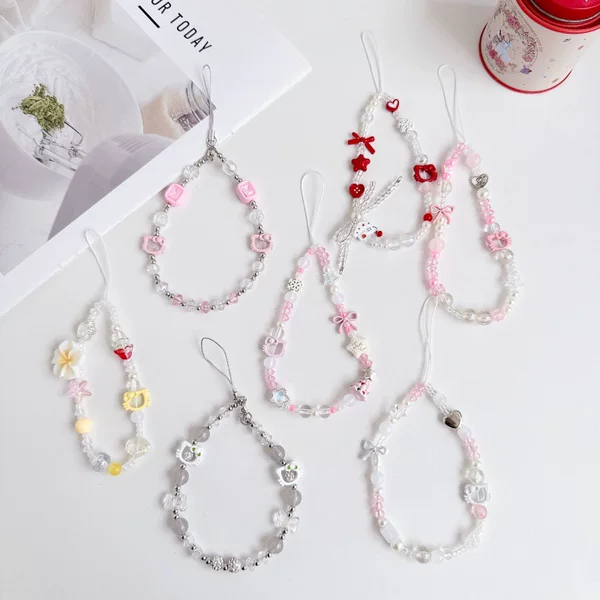Bowknot Hollow KT Cat Beaded Phone Chain CCD Camera Pendant Keychain Bag Phone Case Strap for Girls Ins Style