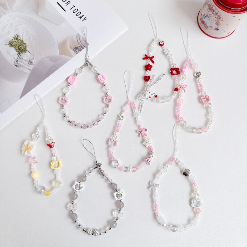 Bowknot Hollow KT Cat Beaded Phone Chain CCD Camera Pendant Keychain Bag Phone Case Strap for Girls Ins Style