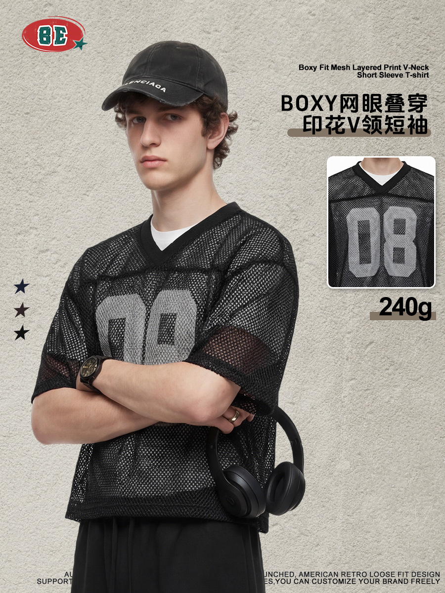 Be Hombres| Verano americano retro malla Boxy corto ancho plegable impresa camiseta de manga corta suelta chaqueta versátil hombre
