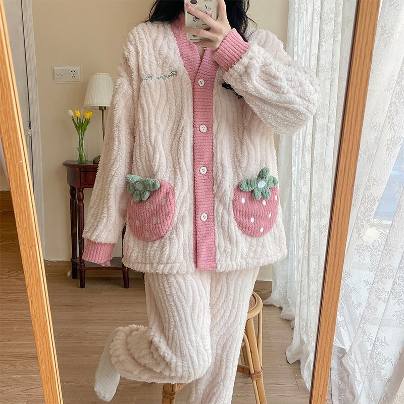 秋冬季提花法兰绒月子服加厚喂奶睡衣女开衫甜美产后喂奶衣家居服