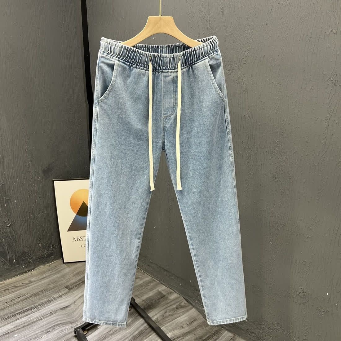 Herrenjeans mit elastischem Bund, dünne, lockere Sommerpassform, gerades Bein, neunteiliges, weites Bein, lässige Retro-Hose der High Street_voghion.com