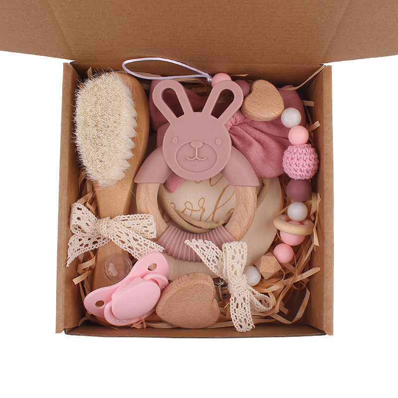 Caja de regalo para recién nacidos transfronteriza, chupete de mordedor de conejo, cadena de chupete de lazo hecha a mano, calma al bebé