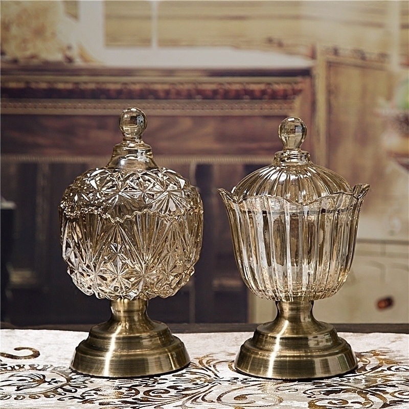 Taza de vidrio de cristal europea de azúcar, lata de almacenamiento de dulces, lata de bocadillos doméstica con cubierta, decoración del hogar estadounidense